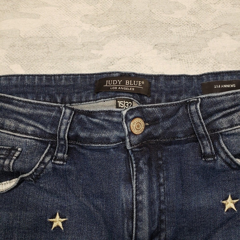 Judy Blue Jeans Womens 15/32 Blue Embroidered All Over Stars Skinny Medium Wash - Picture 2 of 11